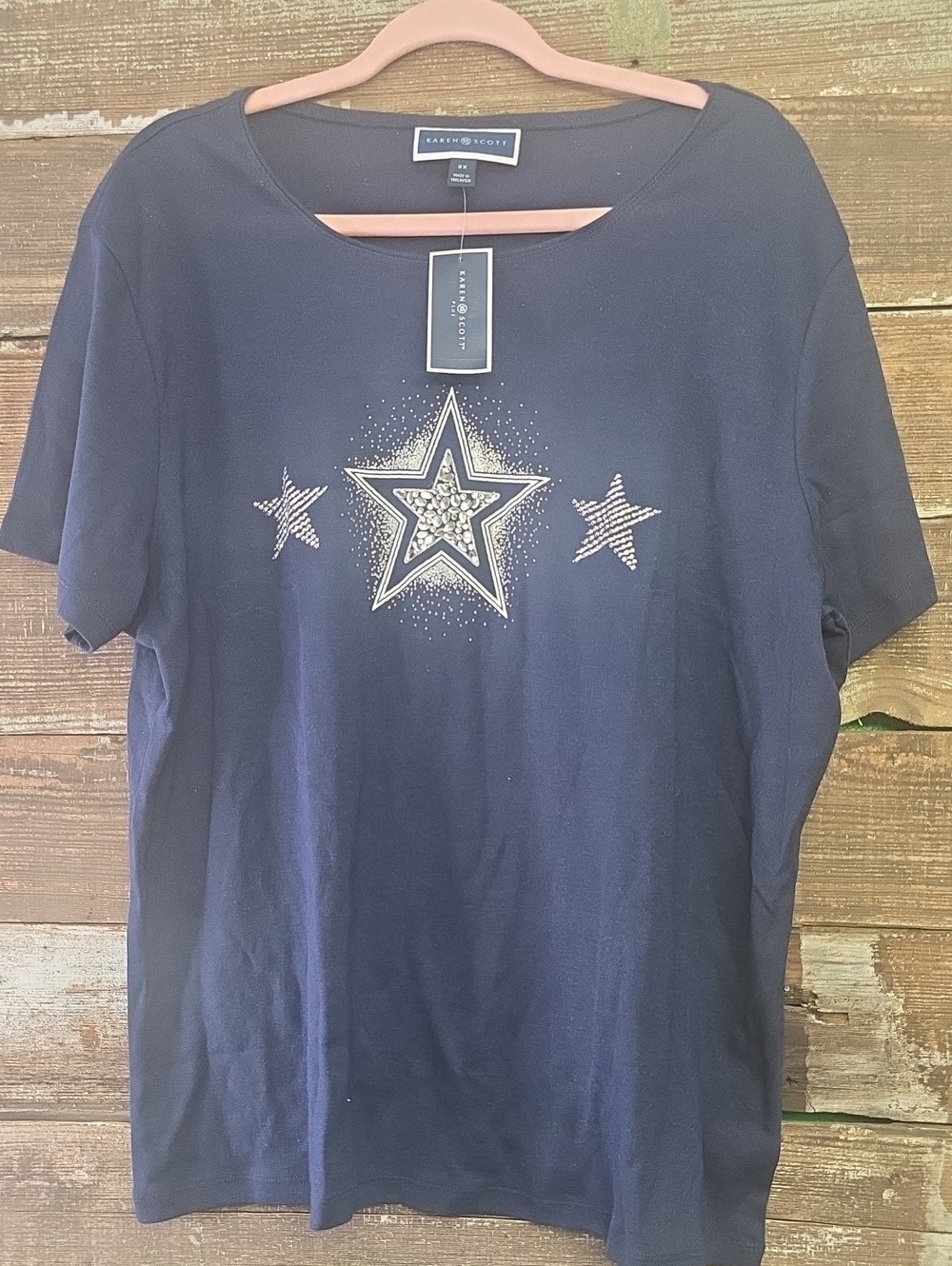 Karen Scott Navy Star Embellished Short Sleeve Tee, Size 2X, NWT